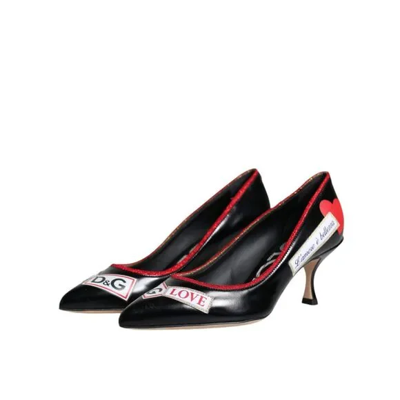 Dolce & Gabbana Black Leather Logo Print Heels Pumps Shoes - Picture 4 of 10